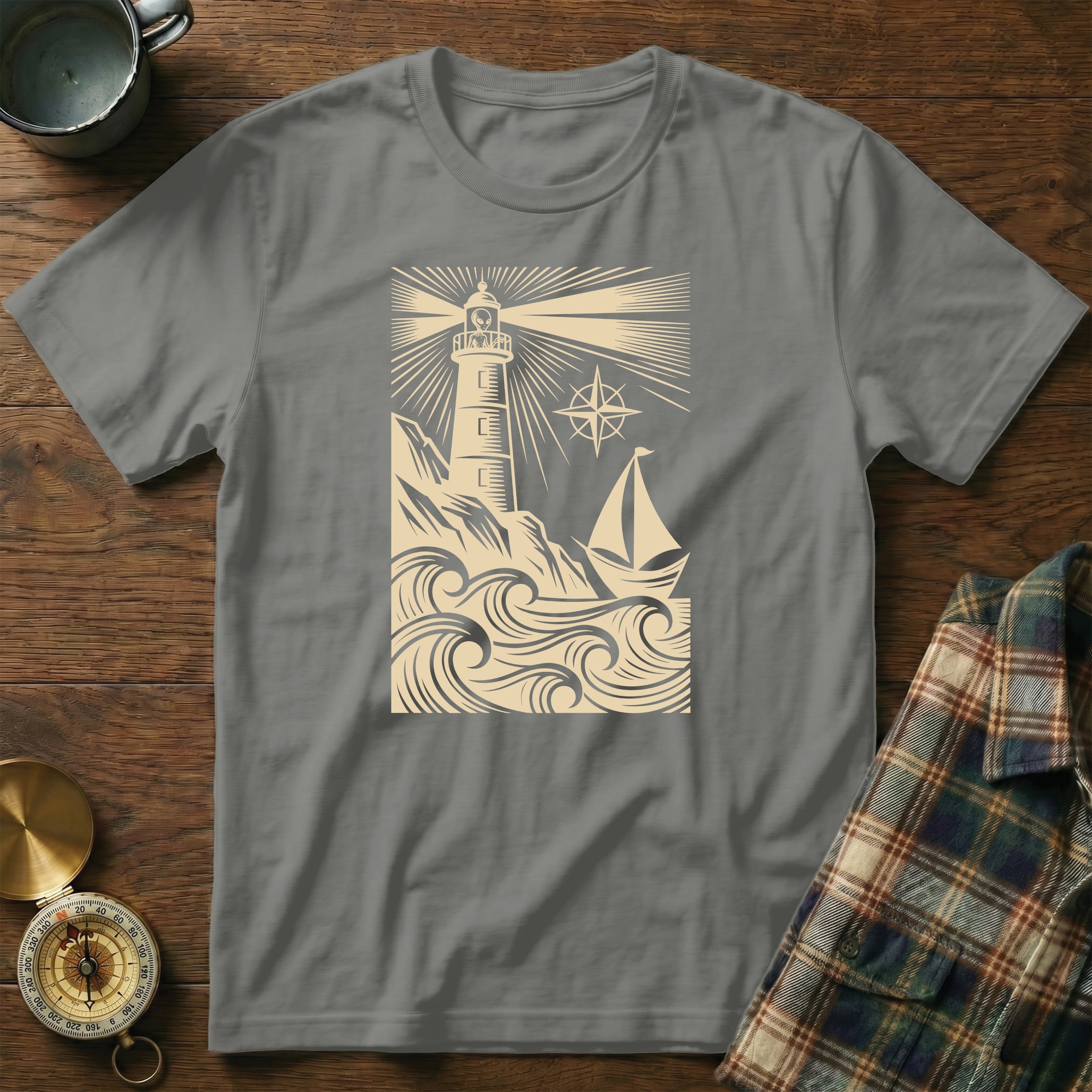 Beige lighthouse on rocky outcrop with sailboat and waves.