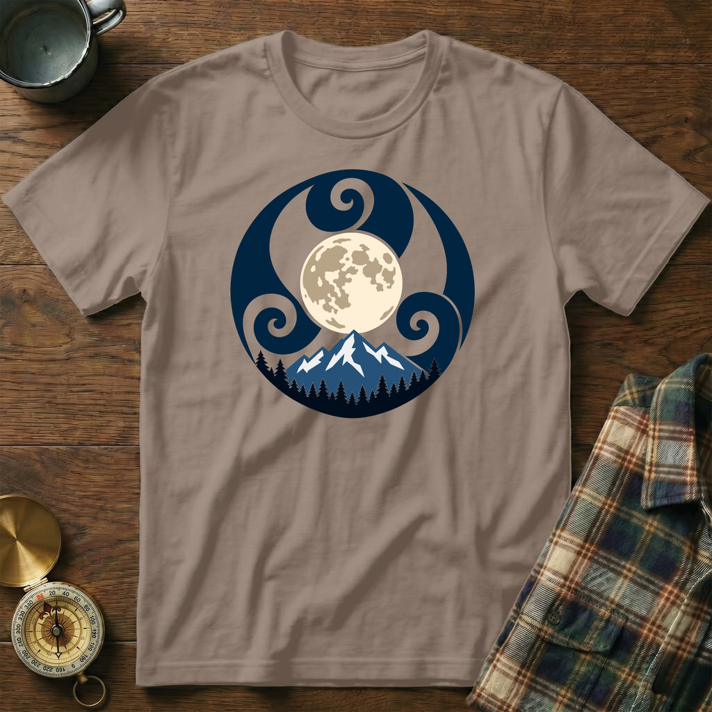 Taupe t-shirt with a circular nature design featuring a full moon over mountains and trees.