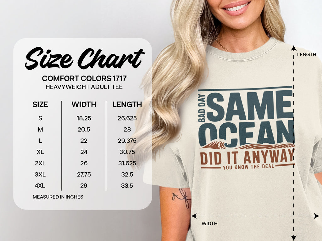 Comfort Colors 1717 size chart for heavyweight adult tees.