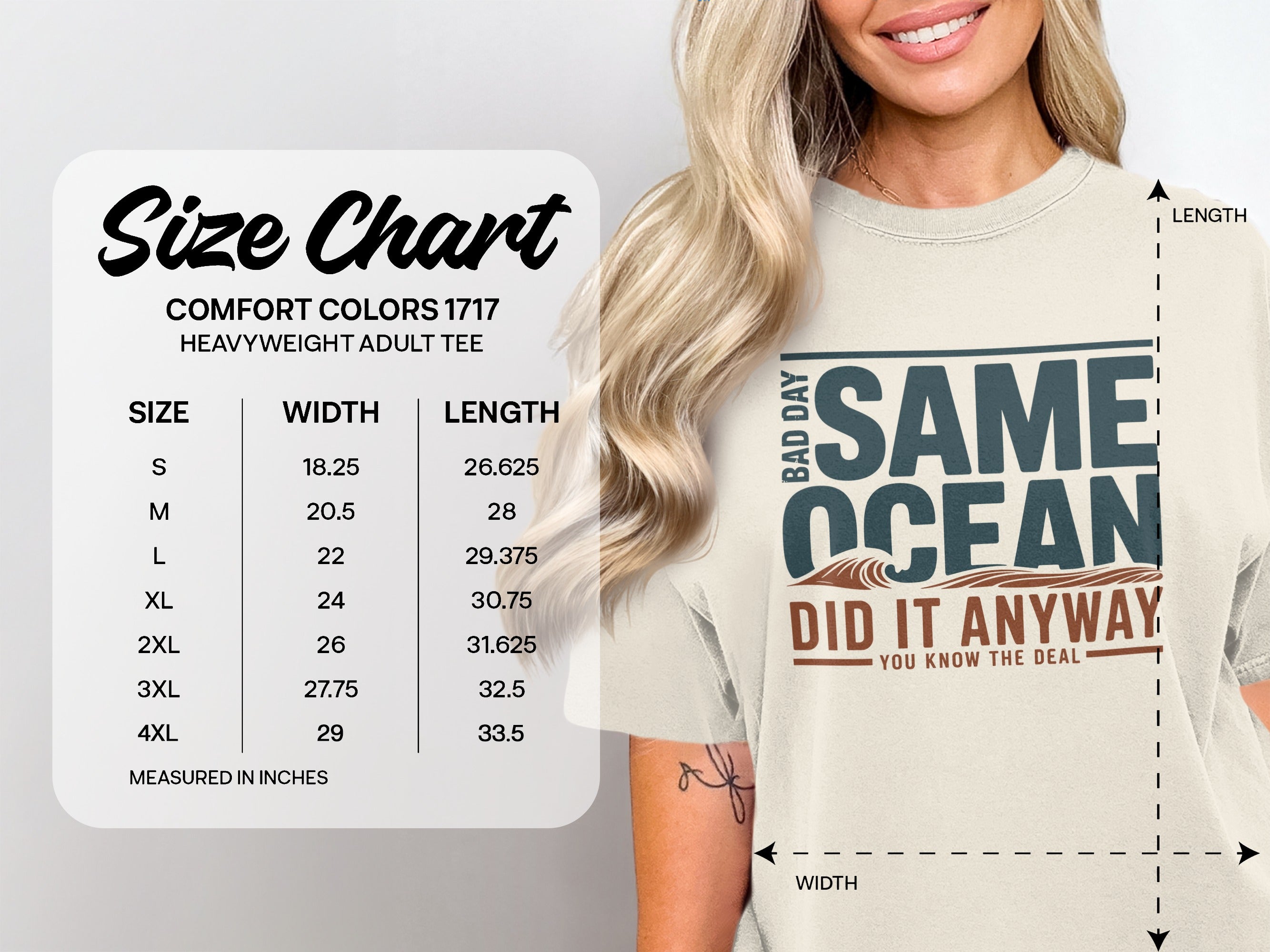 Comfort Colors 1717 size chart for heavyweight adult tees.