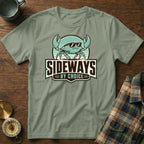 Sage green t-shirt with a cartoon crab wearing sunglasses and the text "SIDEWAYS BY CHOICE".