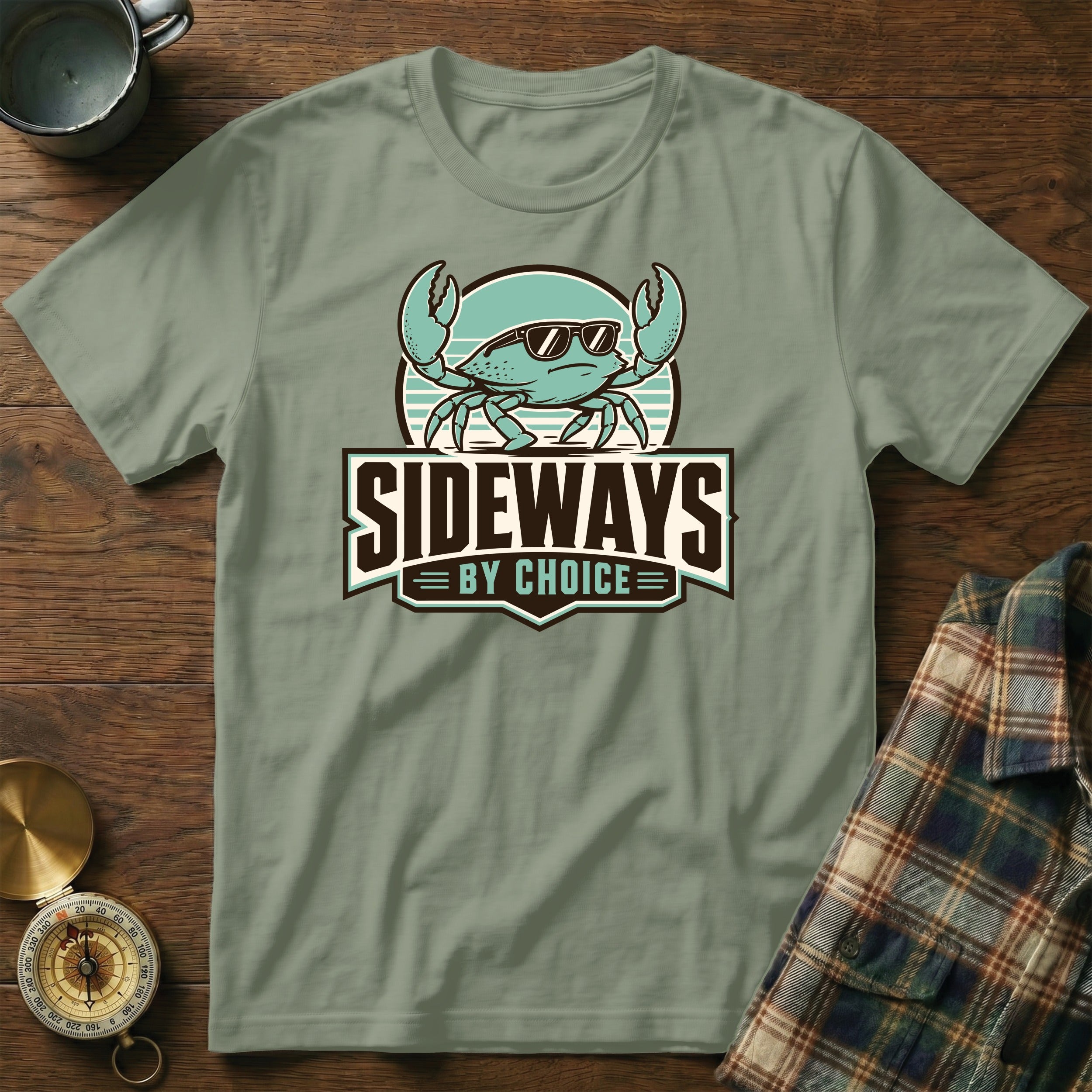 Sage green t-shirt with a cartoon crab wearing sunglasses and the text "SIDEWAYS BY CHOICE".