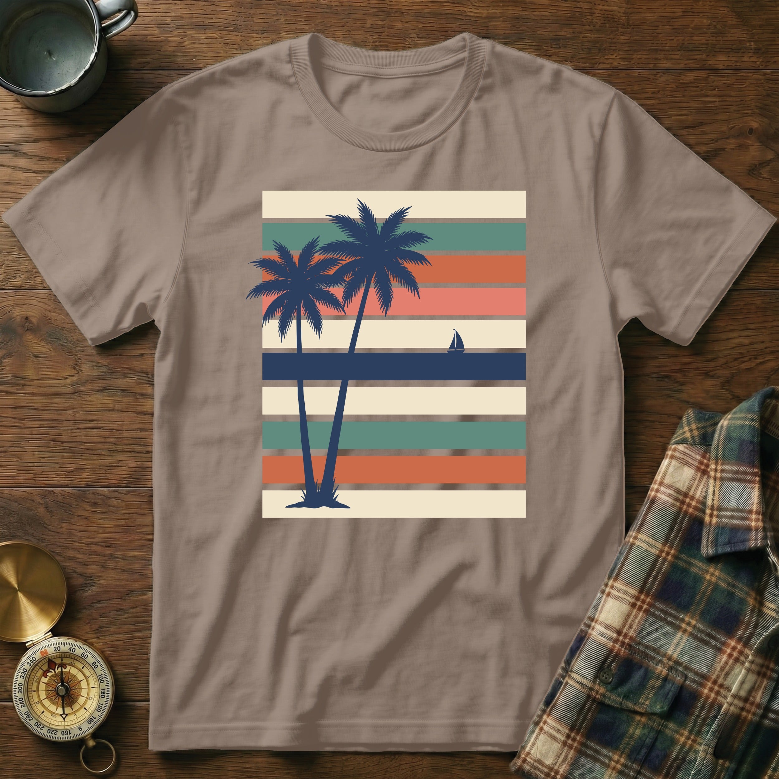 Two palm trees on a striped background with a sailboat.