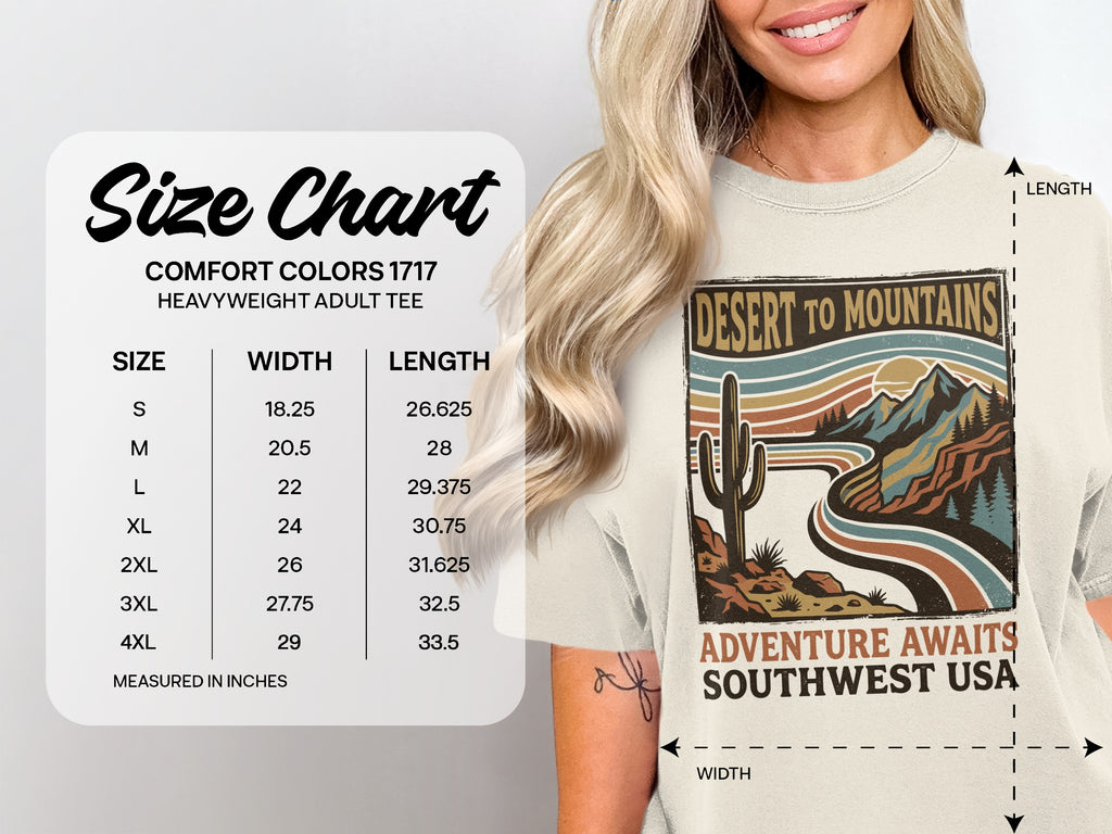 Comfort Colors 1717 heavyweight adult tee size chart with desert landscape graphic.