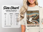 Comfort Colors 1717 heavyweight adult tee size chart with desert landscape graphic.
