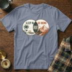 T-shirt graphic with text "Sleep In" and "Go Hiking" separated by "Regret".