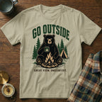 T-shirt with a bear drinking coffee by a campfire with text "GO OUTSIDE. GREAT VIEW. UNCLEAR EXIT."