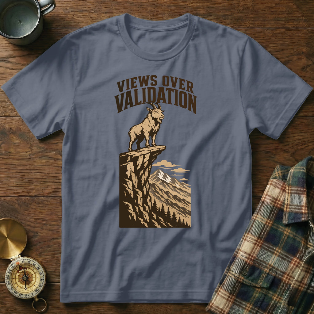 Goat on a cliff with the text "Views Over Validation".