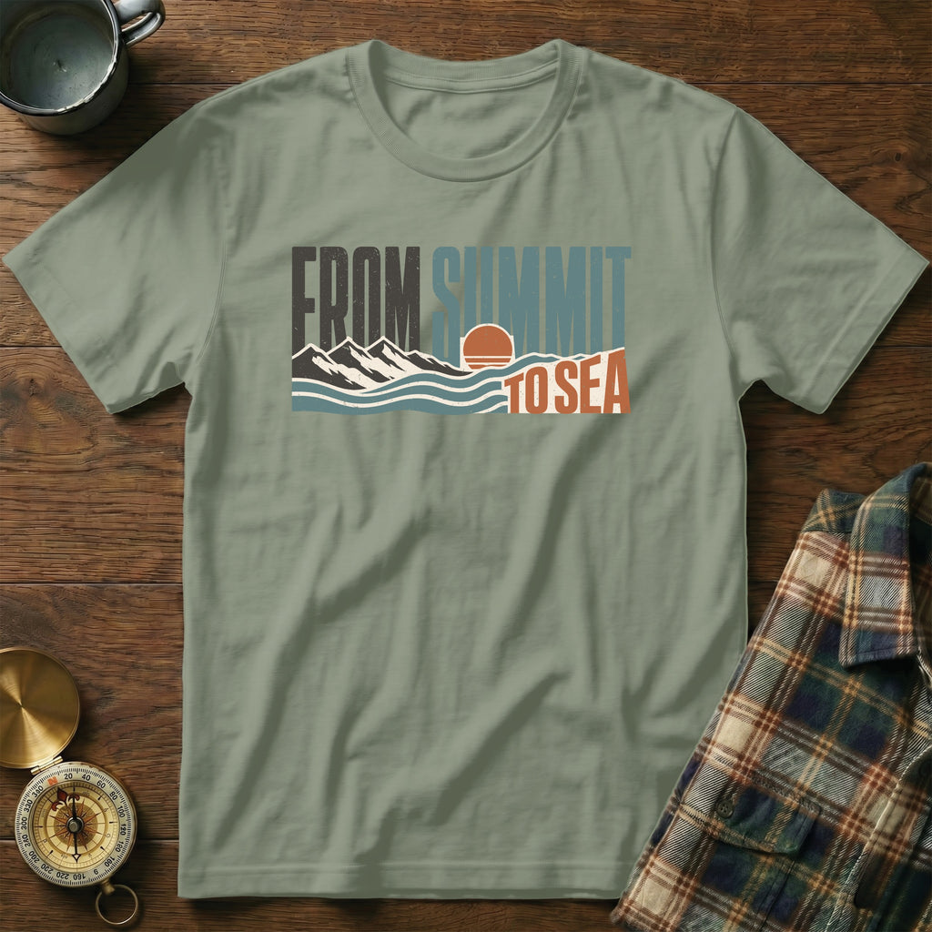 Green t-shirt with "FROM SUMMIT TO SEA" text, mountains, and waves graphic.