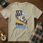 Olive green t-shirt featuring a graphic of a goat sliding down a mountain with the text It's All Downhill From Here.