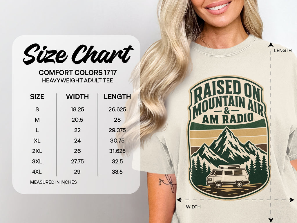Size chart for Comfort Colors 1717 heavyweight adult tee, listing size, width, and length measurements.