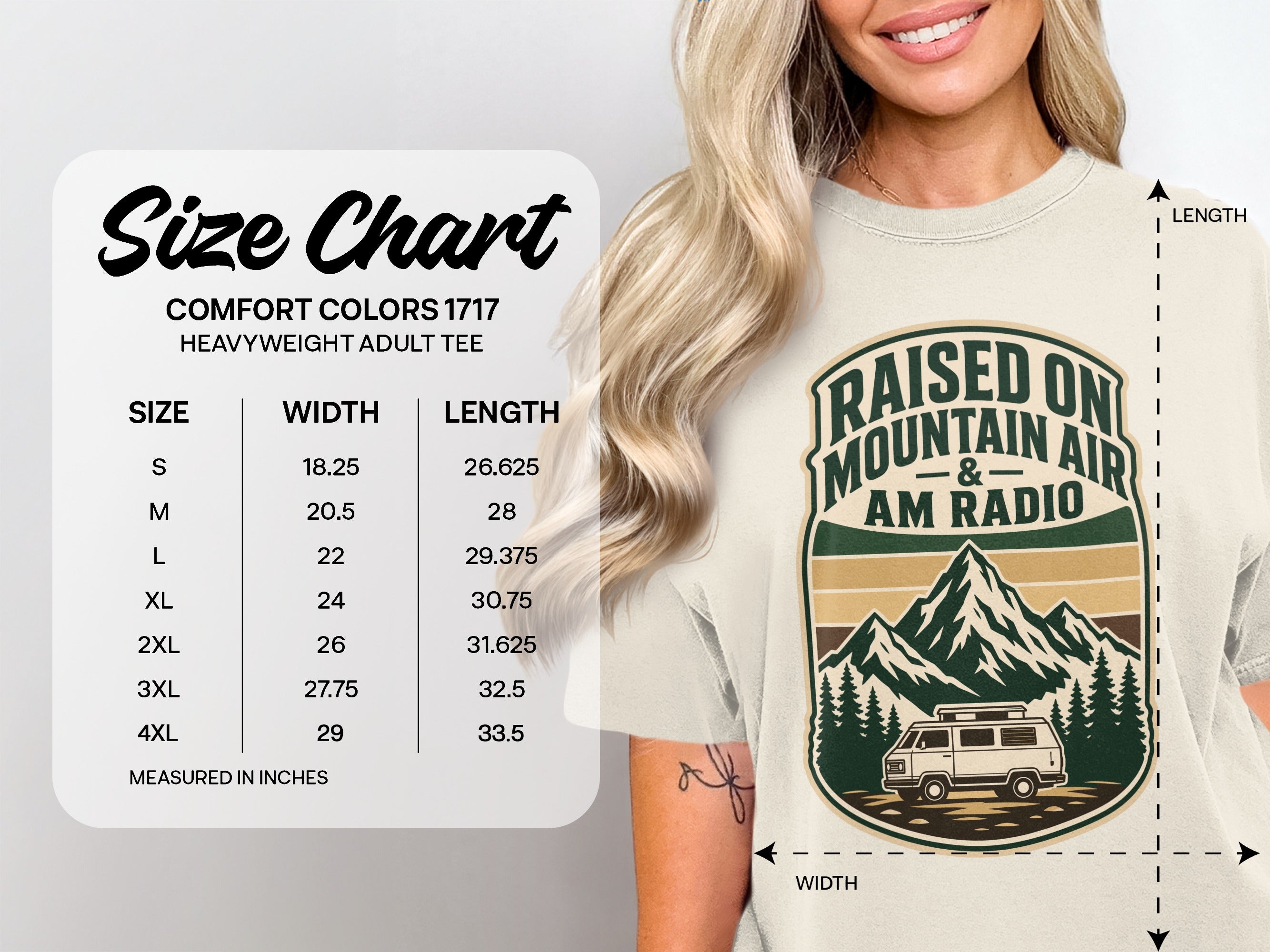 Size chart for Comfort Colors 1717 heavyweight adult tee, listing size, width, and length measurements.